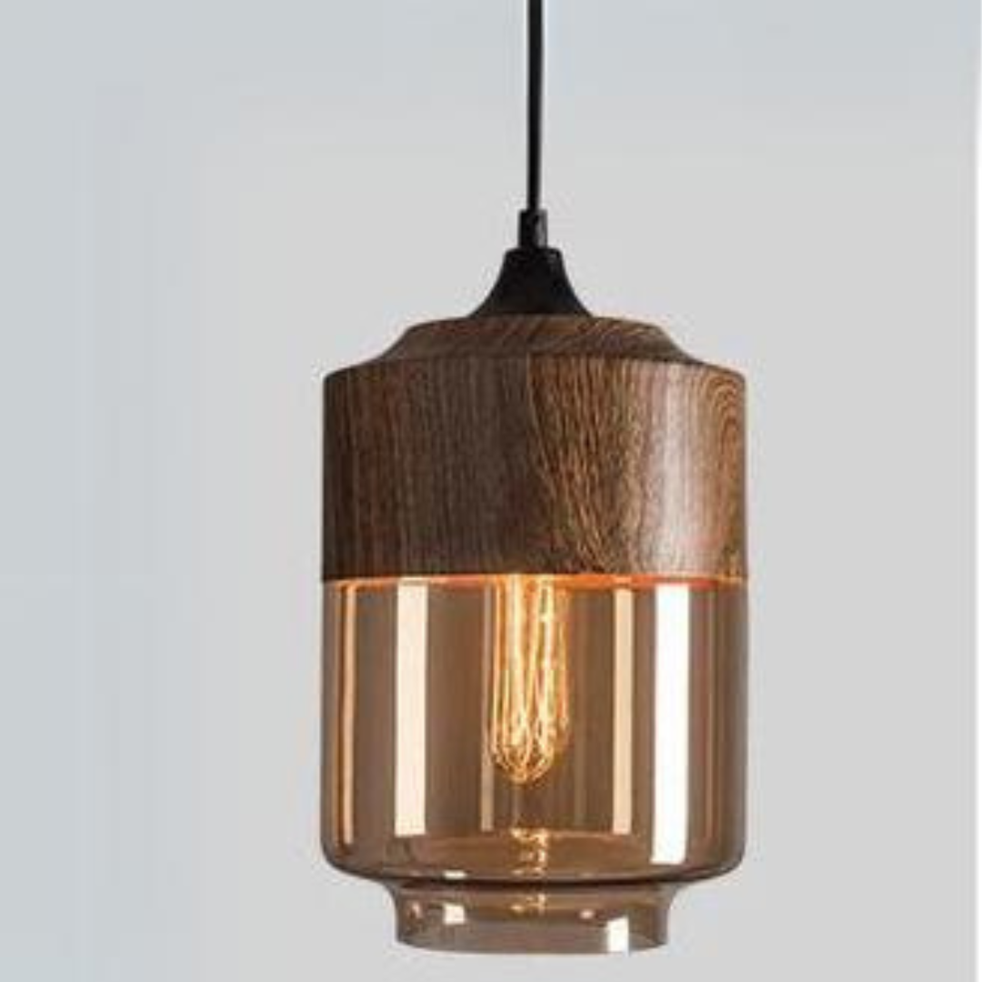 Suspension en Verre Teinté et Métal Effet Bois – Éclairage Ambiance Scandinave Douce pour Salon et Salle à Manger | Koossa