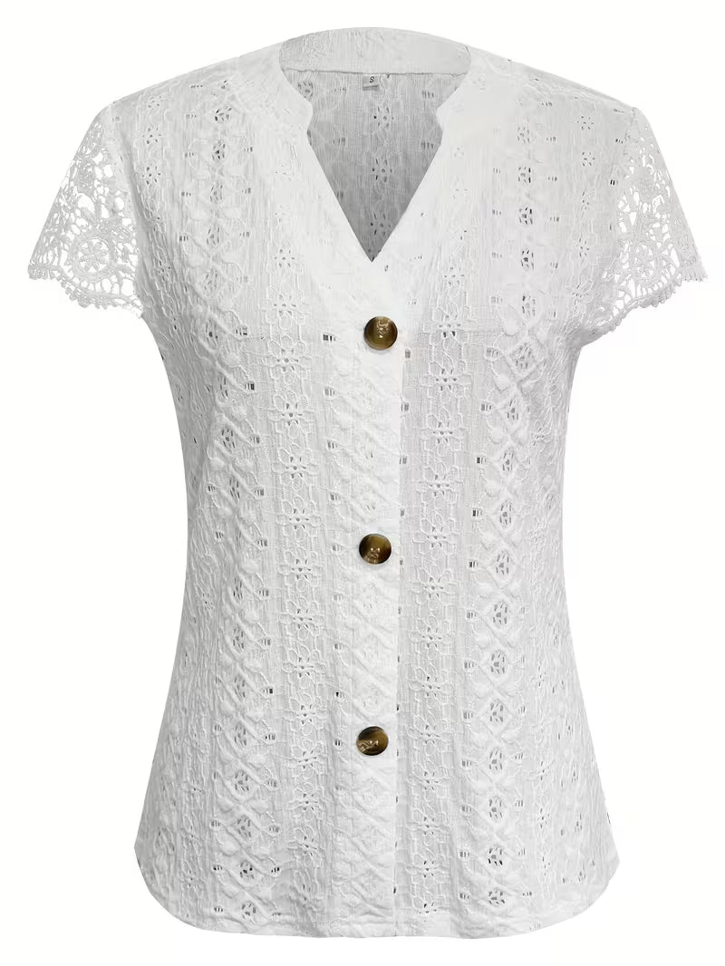 Women's V-Neck Shirt with Lace Detail and Button Accents in White, Pink and Black | Koossa