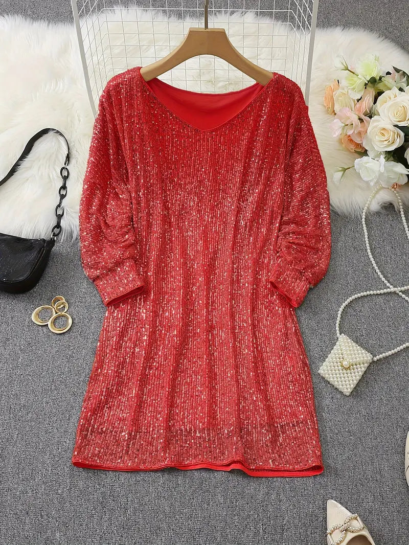 Sequinned Long-Sleeve Mini Dress in Relaxed Silhouette for Evening Occasions | Koossa