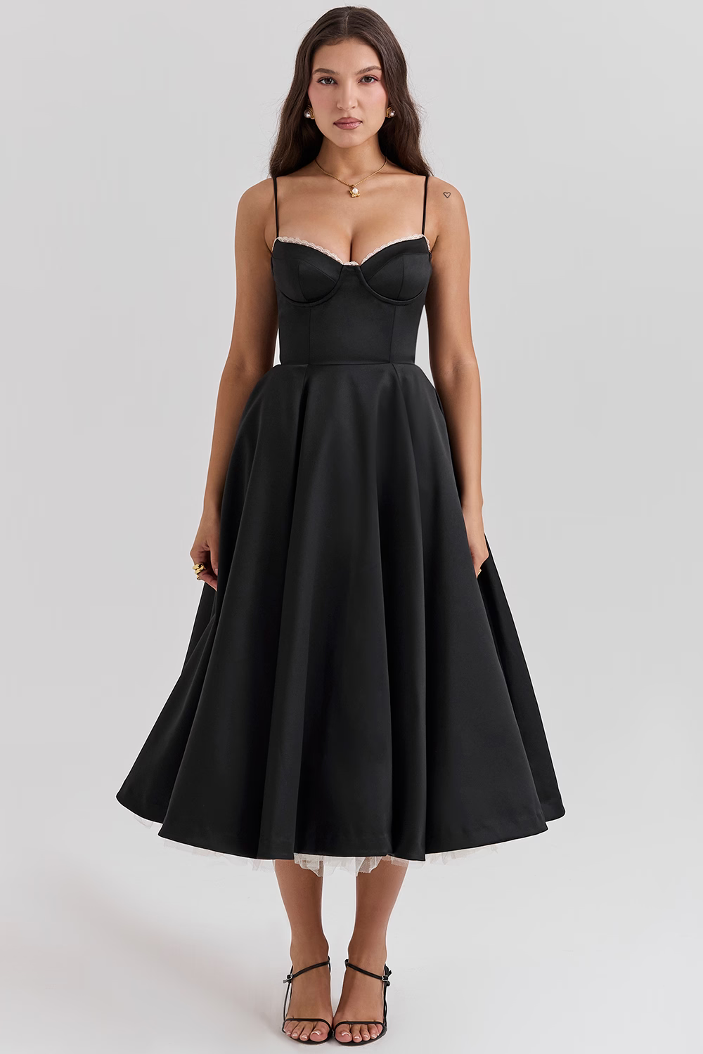 Structured Bustier Midi Dress with Flared Skirt in Blue, Pink, White, Black & Floral for Wedding Guests and Evening Events | Koossa