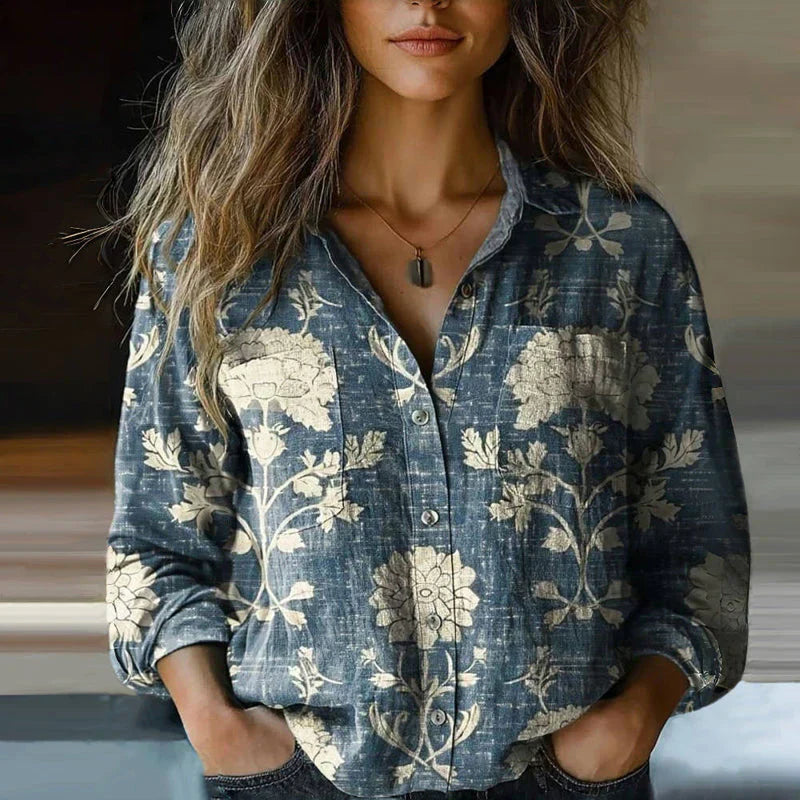 Relaxed Button-Through Blouse with Statement Print in Vibrant Colours for Warm-Weather Styling | Lightweight Long Sleeve Shirt | Koossa