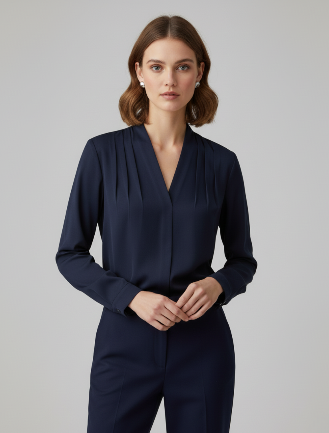 Women's Puff Sleeve Blouse with Tailored Waist in Ivory and Navy Blue for Work and Occasions | Koossa