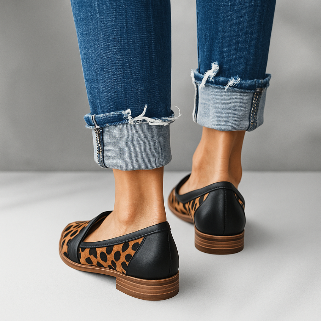 Women's Pointed-Toe Loafers with Strap Detail in Black, Grey & Animal Print – Slip-On Flats for Work and Weekend | Koossa
