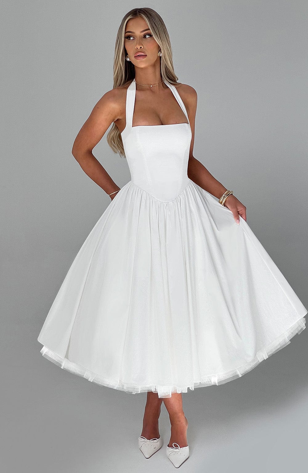 Women's Halter Neck Midi Dress in White and Black – Wedding Guest and Summer Garden Party Occasion Dress | Koossa