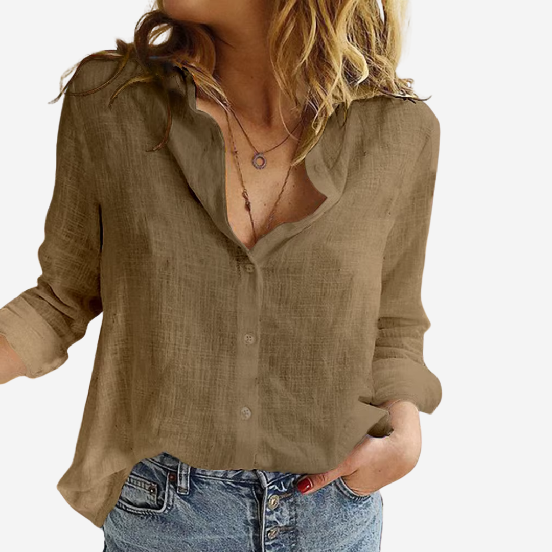 Women's Revere Collar Blouse in Relaxed Fit — Elegant Long-Sleeve Shirt for Office & Casual Wear | Koossa