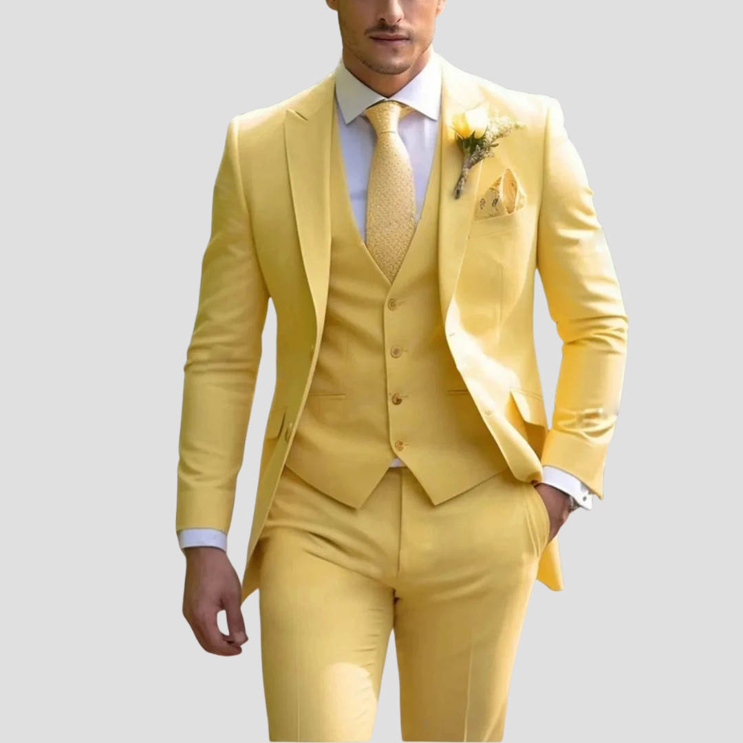 Three-Piece Tailored Suit with Waistcoat, Blazer and Trousers in Six Refined Colours for Weddings and Formal Occasions | Koossa