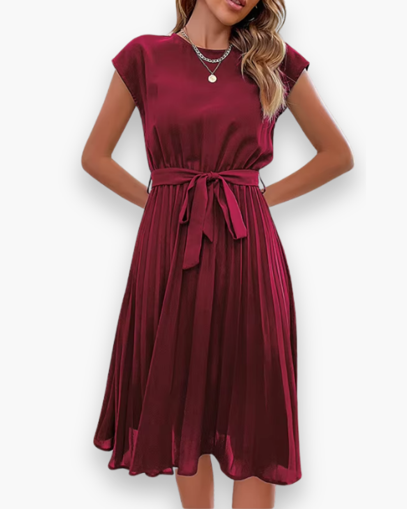 Women's Pleated Midi Dress with Bow Detail — Elegant Occasion Dress for Weddings & Special Events | Koossa