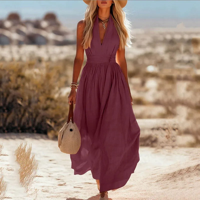 Women's Halter-Neck Cotton-Linen Maxi Dress in Natural Tones for Warm-Weather Elegance | Koossa