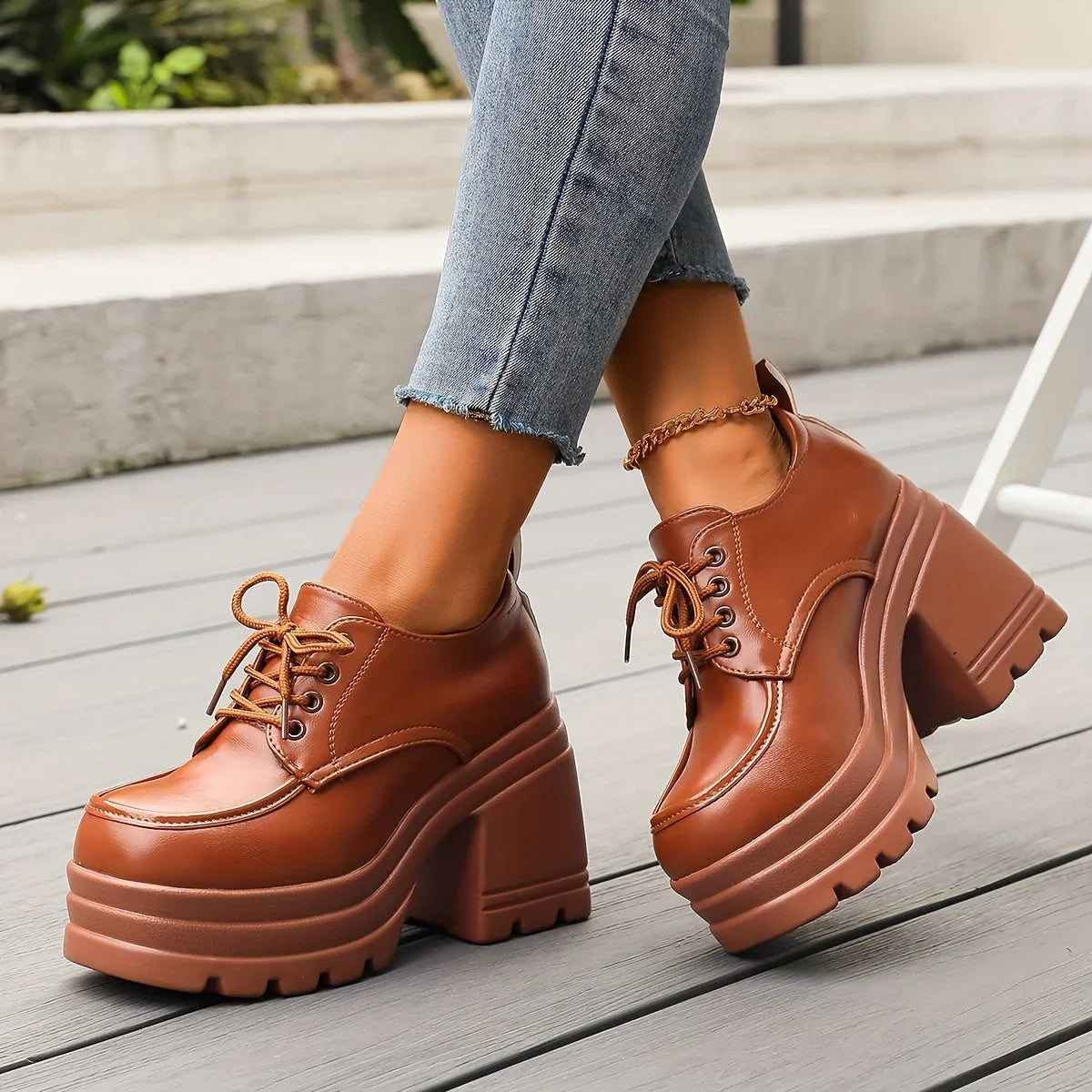 Women's Platform Block Heel Lace-Up Ankle Boots in Black and Brown – Retro-Inspired Statement Footwear for Elevated Everyday Style | Koossa