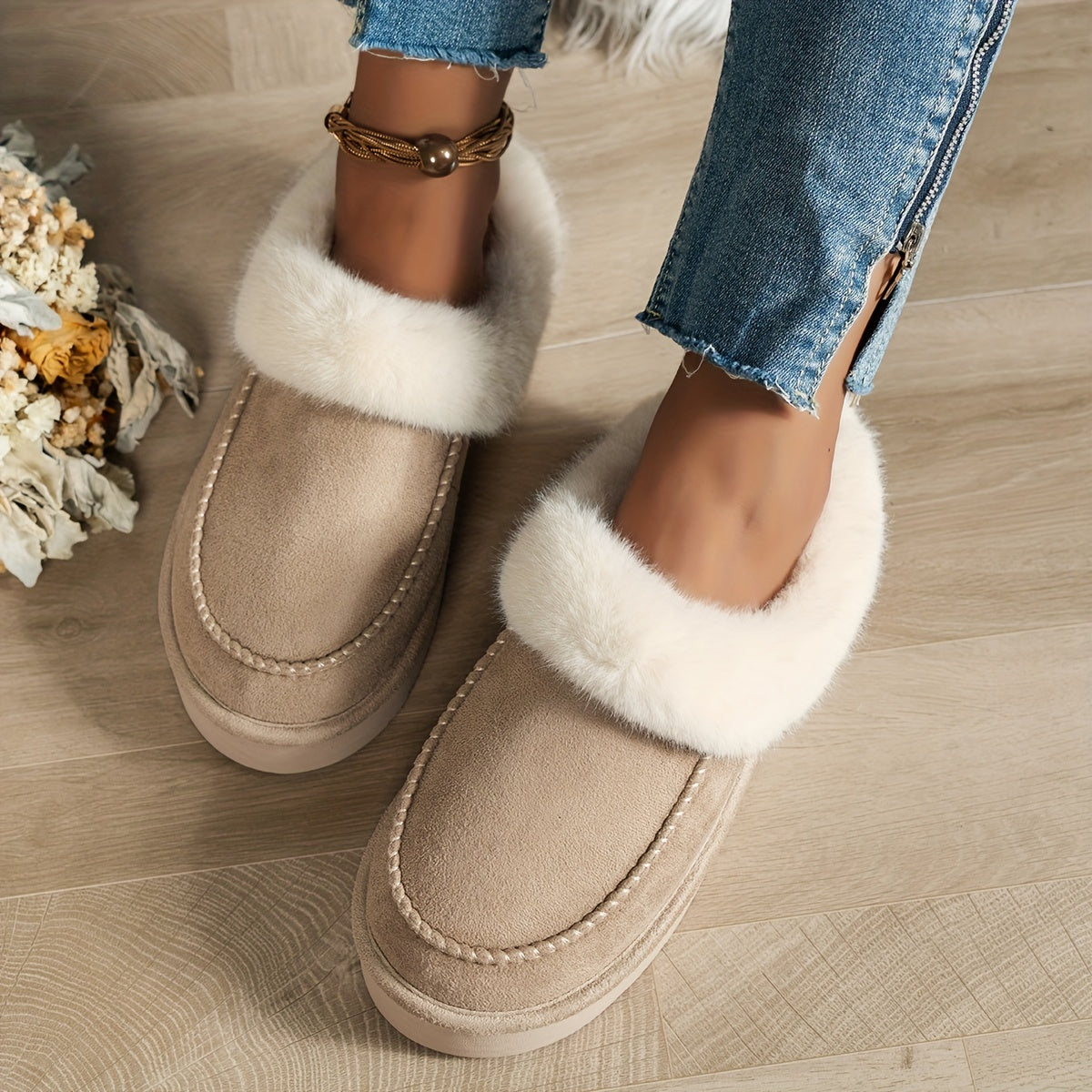 Women's Faux Fur Moccasin Slippers | Warm Indoor Outdoor Footwear in Black Brown Khaki | Cushioned Non-Slip Sole Winter House Shoes | Koossa