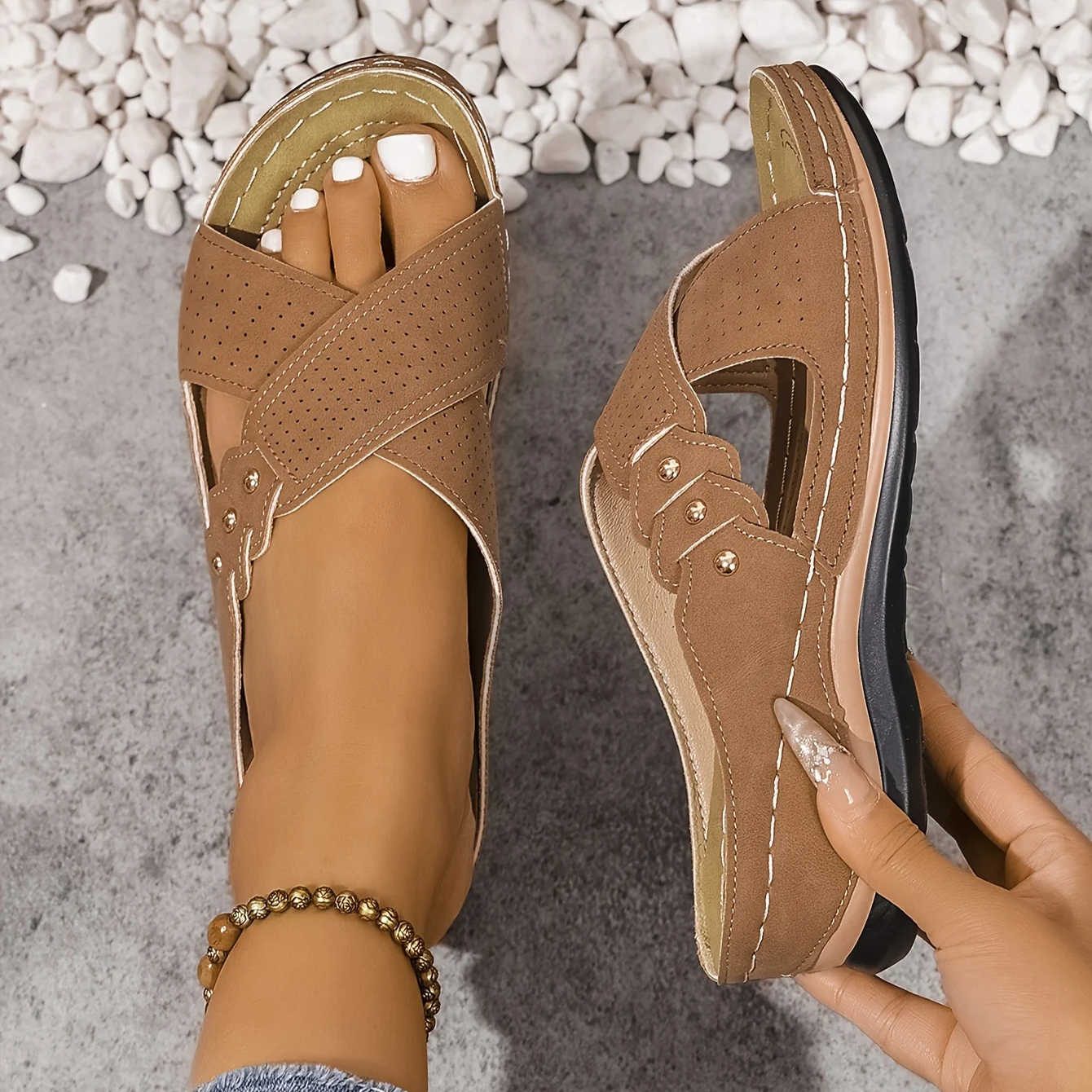 Women's Supportive Wedge Sandals with Cushioned Footbed in Blue, Pink, Brown & Black | Koossa