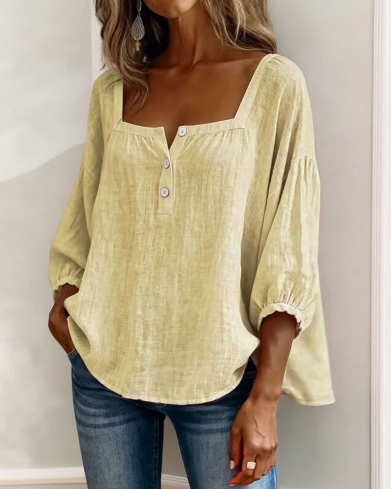 Women's Square Neck Puff Sleeve Blouse in Cotton Blend – Classic Feminine Wardrobe Essential for Every Season | Koossa