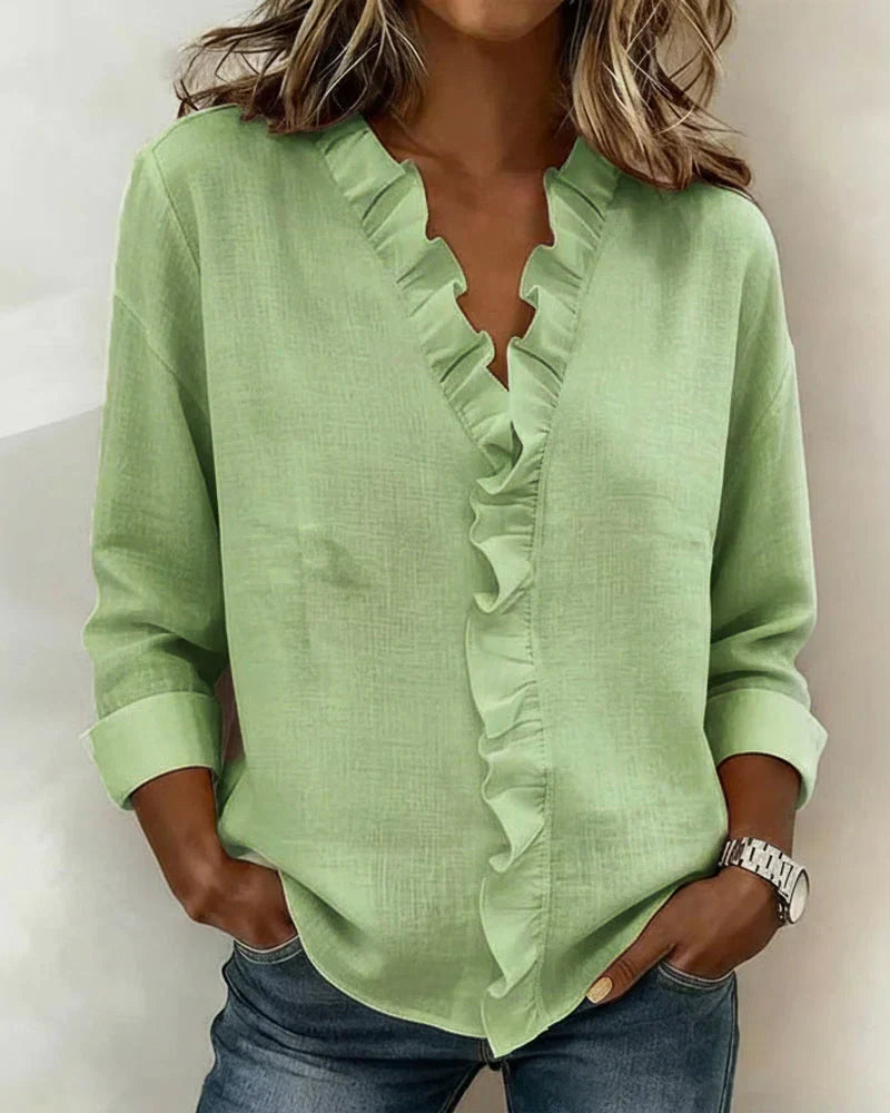 Women's Ruffle-Trim V-Neck Blouse in Soft Flowing Fabric – Elegant Long-Sleeve Top for Effortless Day-to-Evening Style | Koossa