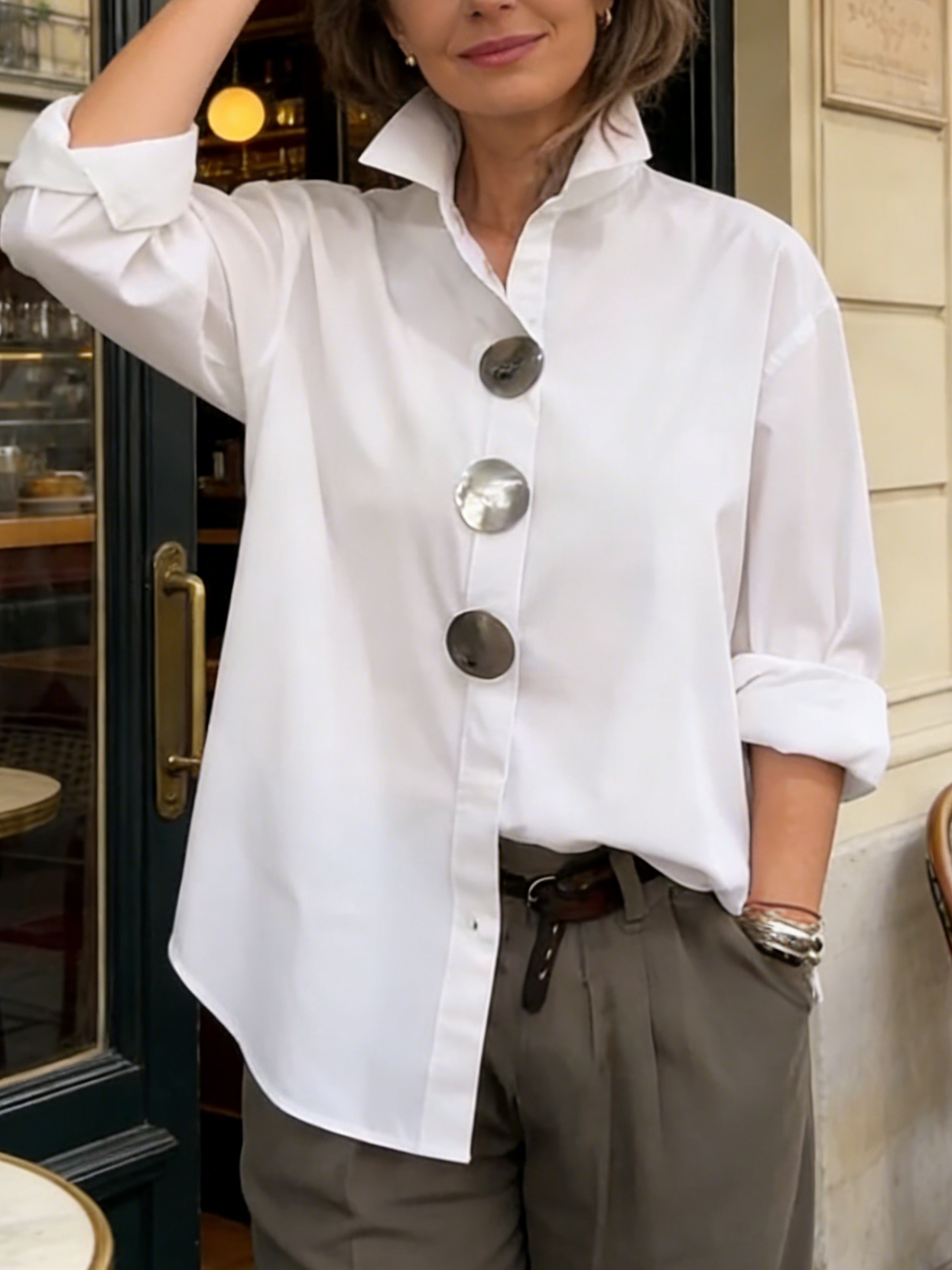 Women's Stand Collar Blouse with Statement Buttons in Green, Blue, Black, White, Burgundy & Pink | Relaxed Fit Long Sleeve Shirt with Roll-Back Cuffs | Elegant Everyday Blouse for Work & Weekend | Koossa