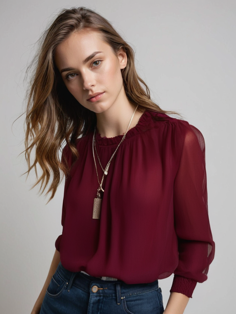 Women's Ruffle Collar Blouse in Flowing Viscose | Long Sleeves, V-Neckline | Black White Burgundy Forest | Garden Parties Summer Luncheons | Koossa