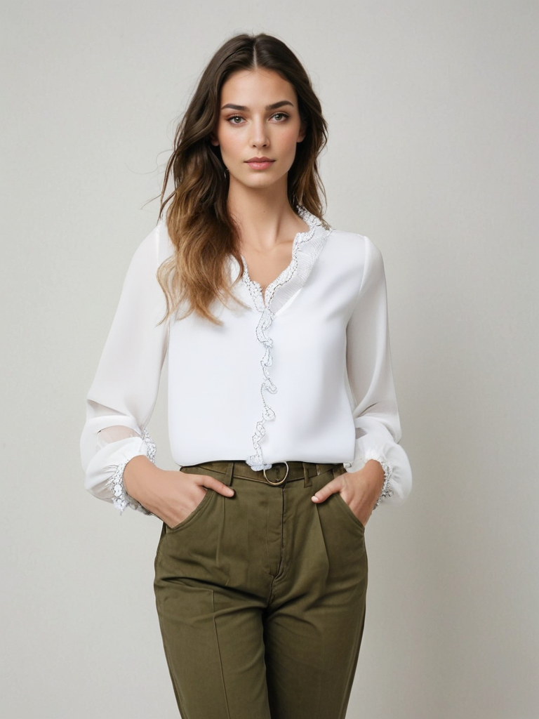 Women's Ruffle Collar Blouse in Flowing Viscose | Long Sleeves, V-Neckline | Black White Burgundy Forest | Garden Parties Summer Luncheons | Koossa