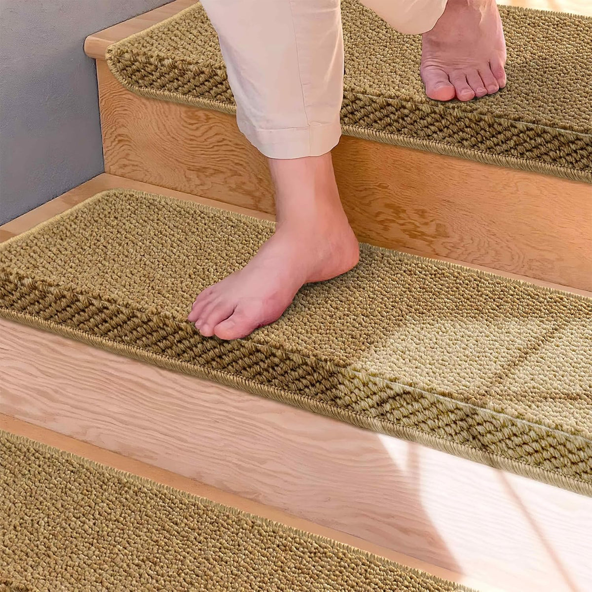 Stair Tread Covers Self-Adhesive Non-Slip Bullnose Step Carpet Pads 14-Pack Beige Cushioned Edge Protection for Wooden Stairs | Lonoma