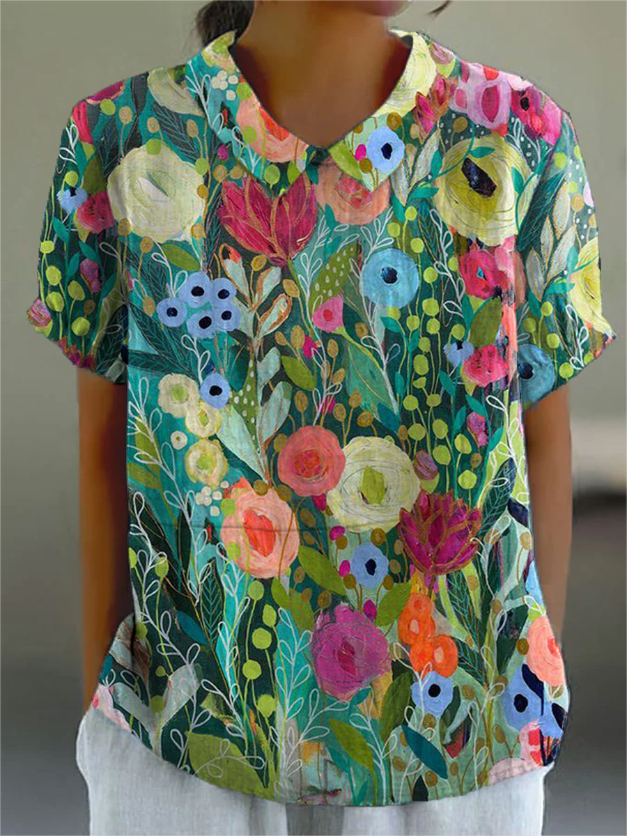 Women's Watercolour Floral Print Shirt in Multicolour for Spring Occasions | Lightweight Cotton Blend Blouse with Artistic Design | Relaxed Fit Statement Shirt | Koossa