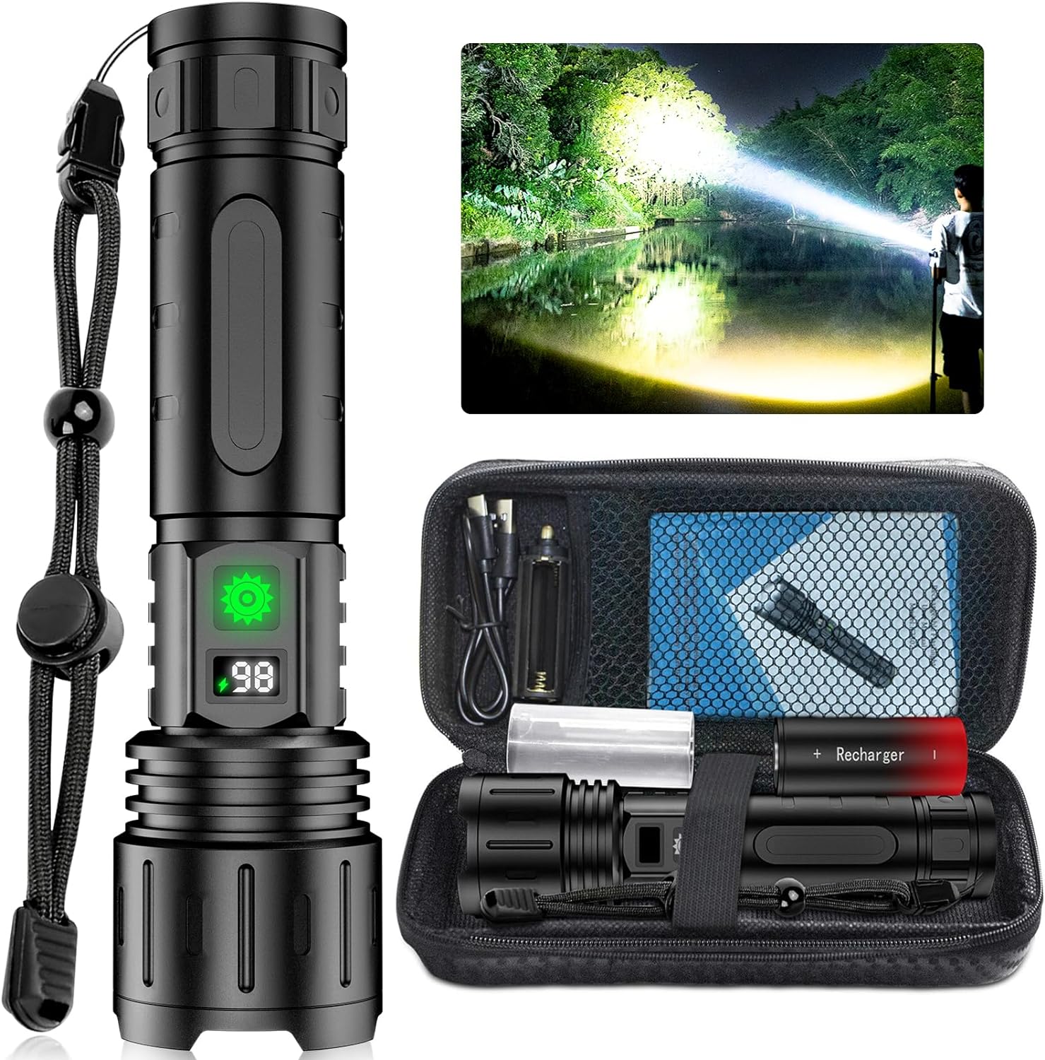 Lampe Torche LED Tactique Rechargeable 100 000 Lumens avec Zoom Powerbank IPX5 pour Camping Randonnée et Urgence | Koossa