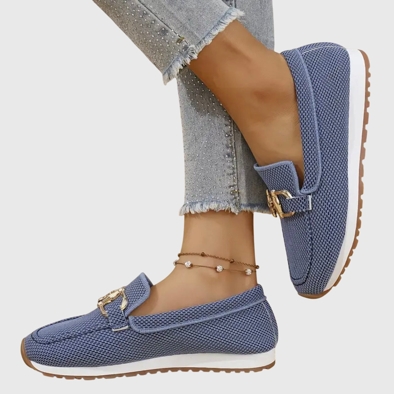 Women's Slip-On Loafers with Metal Trim in Blue, Beige, Grey & White | Classic Comfort Footwear for Everyday Wear, Weekend Styling & Casual Occasions | Koossa
