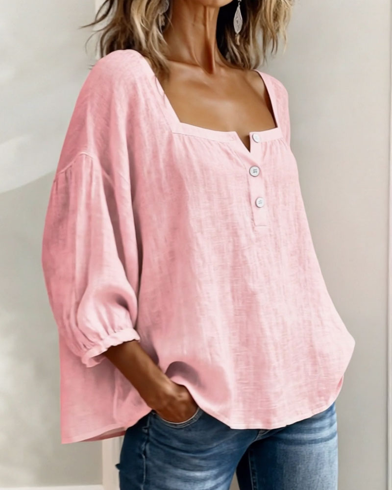 Women's Square Neck Puff Sleeve Blouse in Cotton Blend – Classic Feminine Wardrobe Essential for Every Season | Koossa