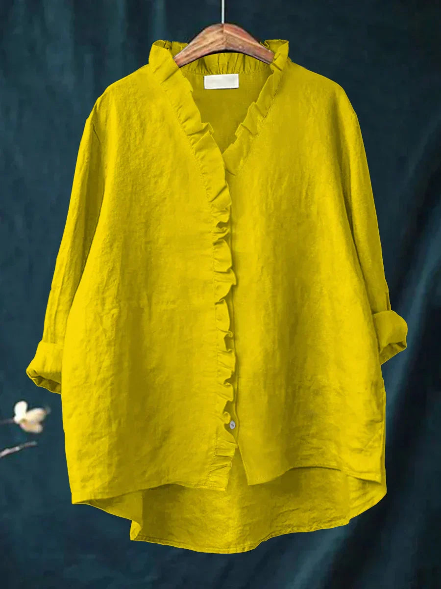 Women's Cotton-Linen V-Neck Blouse with Ruffle Detail in Seven Colours – Relaxed Fit Button-Front Top for Casual Elegance Spring Summer Everyday Wear | Koossa