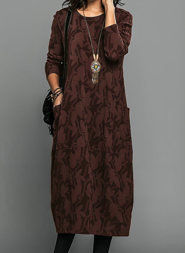 Women's Winter Midi Dress with Leaf Print — Elegant Long Sleeve Dress with Pockets for Autumn & Winter | Koossa
