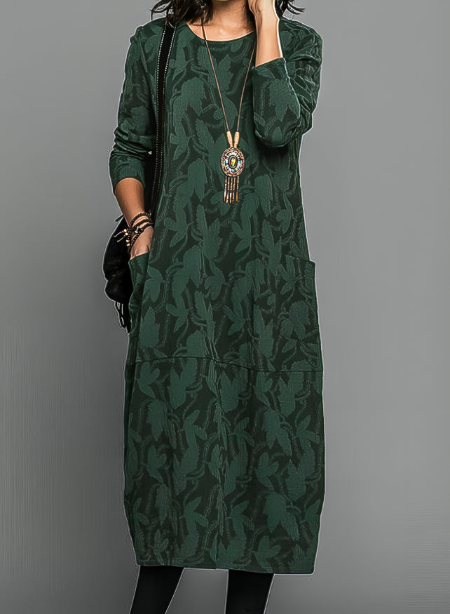 Women's Winter Midi Dress with Leaf Print — Elegant Long Sleeve Dress with Pockets for Autumn & Winter | Koossa
