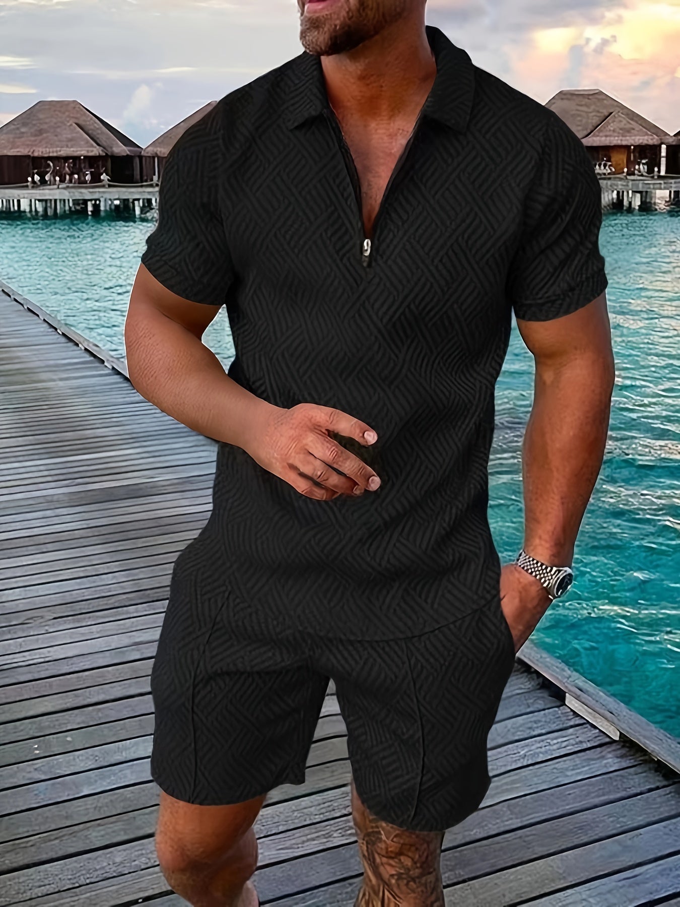 Men's Geometric Short-Sleeve Shirt and Shorts Co-Ord Set in Cotton Blend with Zip Collar for Smart Casual Summer Leisure | Koossa