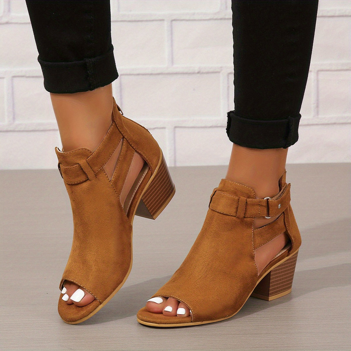 Women's Peep-Toe Block Heel Sandals with Ankle Strap and Cut-Out Detail for Summer Occasions | Koossa