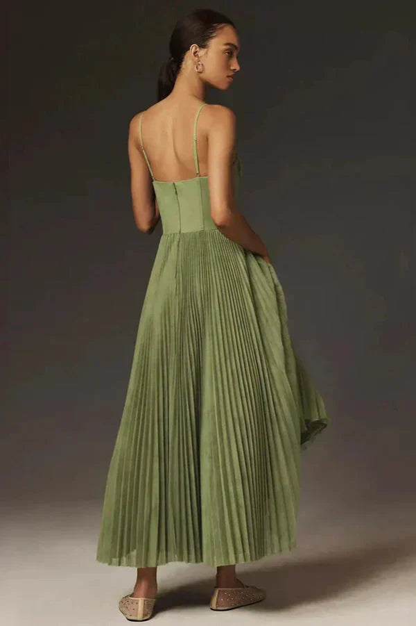 Women's Pleated Strappy Maxi Dress in Green for Elegant Summer Occasions and Garden Parties | Koossa