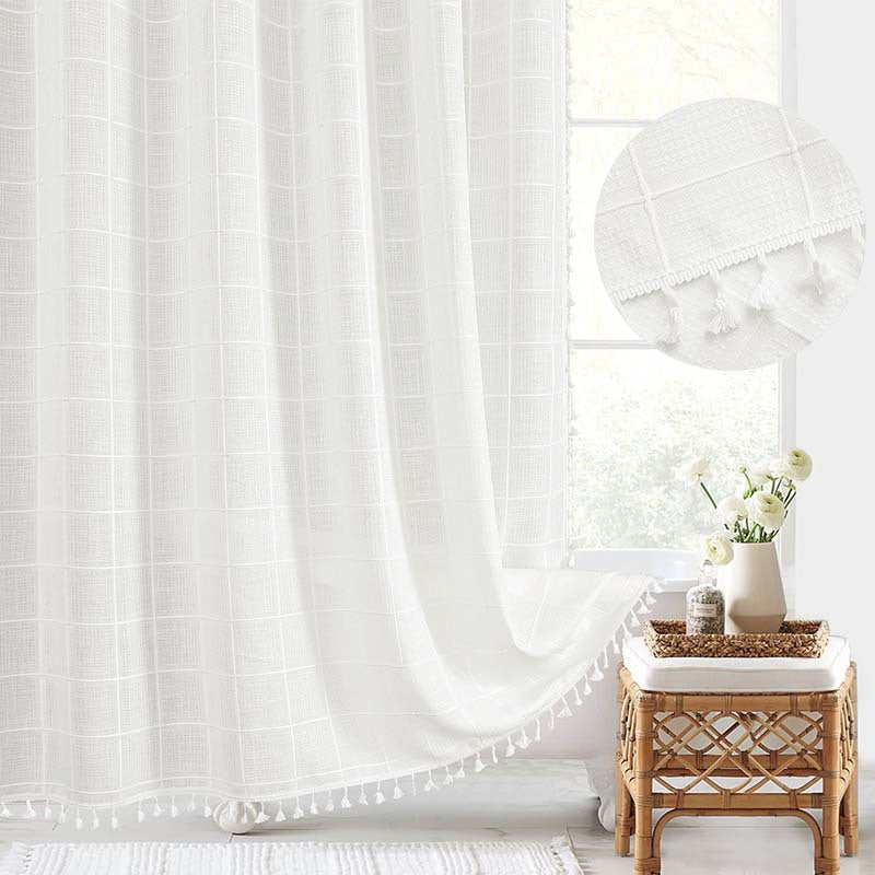 Rideau de Douche en Lin Tissé Imperméable avec Franges Bohème 180×200 cm Salle de Bains Beige à Carreaux | Koossa