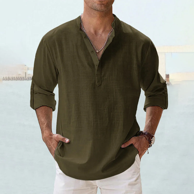 Men's Long Sleeve Grandad Collar Shirt in Washed Cotton | Classic Henley Button Placket Casual Relaxed Fit Heritage Style Timeless Weekend Shirt | Koossa