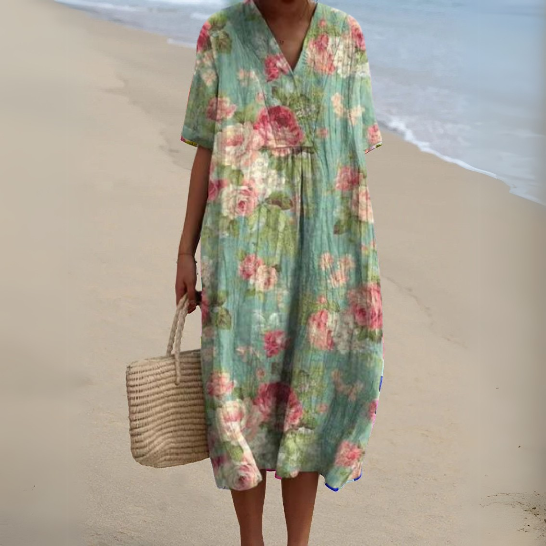 Floaty V-Neck Cotton Linen Dress in Vibrant Prints for Summer Occasions Garden Parties Warm Days | Koossa