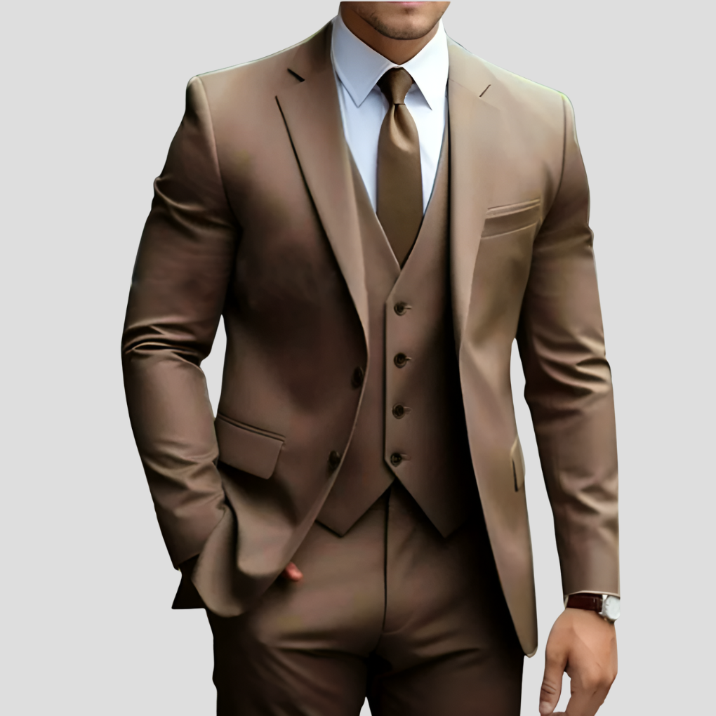 Men's Beige Three-Piece Slim Fit Suit — Formal Wedding Suit for Grooms & Groomsmen | Koossa