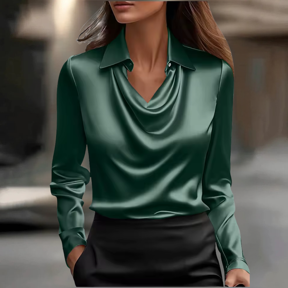 Women's Flowing Satin Blouse with Soft Drape Neckline – Elegant Lightweight Top for Work, Evening Occasions and Effortless Sophistication | Koossa