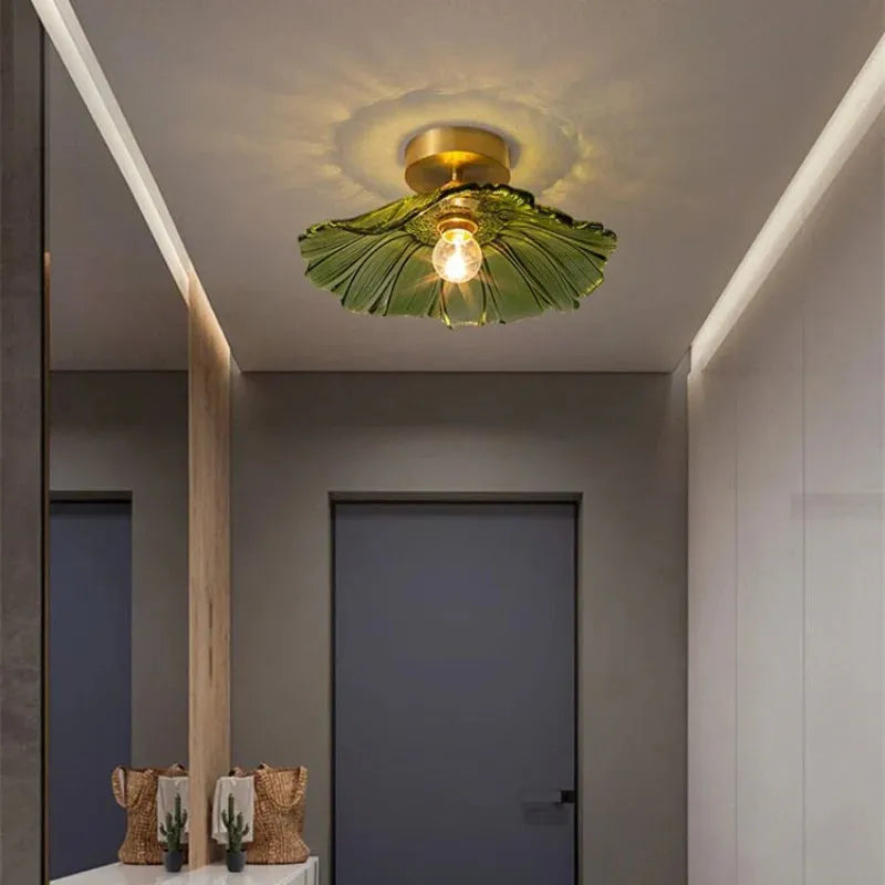 Floral Glass Flush Mount or Drop Ceiling Light with Brass Accents – Clear, Green or Pink Petal Shades for Bedroom, Dining Room | Lonoma