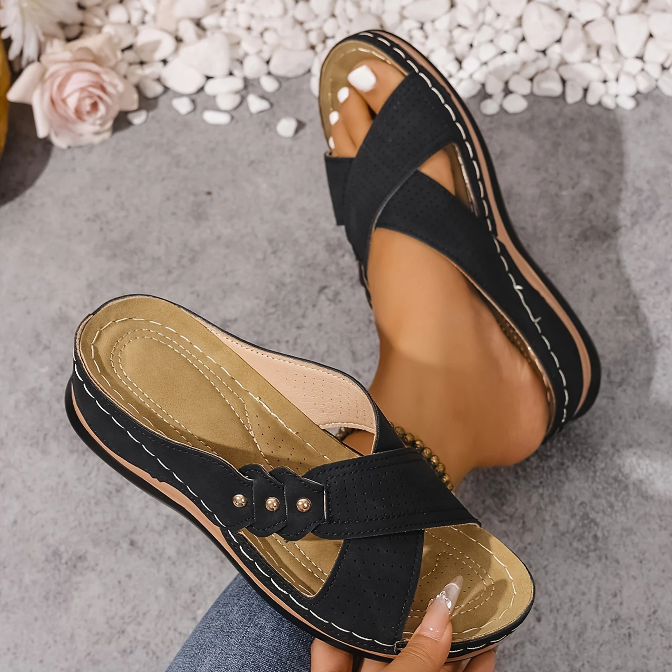 Women's Supportive Wedge Sandals with Cushioned Footbed in Blue, Pink, Brown & Black | Koossa