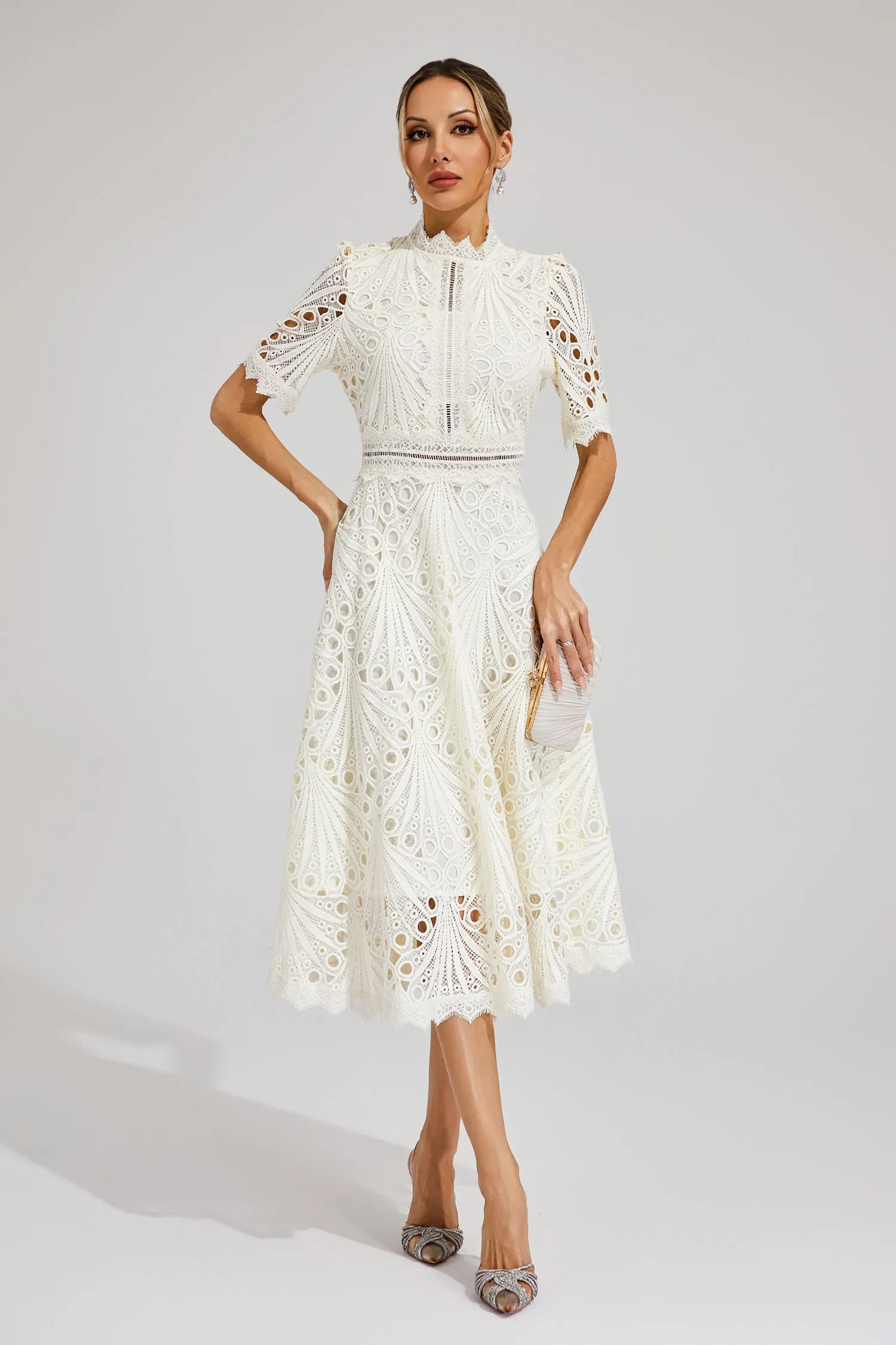 Midi Dress with High Neckline and Scalloped Hem in Pink and White – Elegant Fit-and-Flare Silhouette Perfect for Formal Occasions Graduation Ceremonies Wedding Guest | Koossa