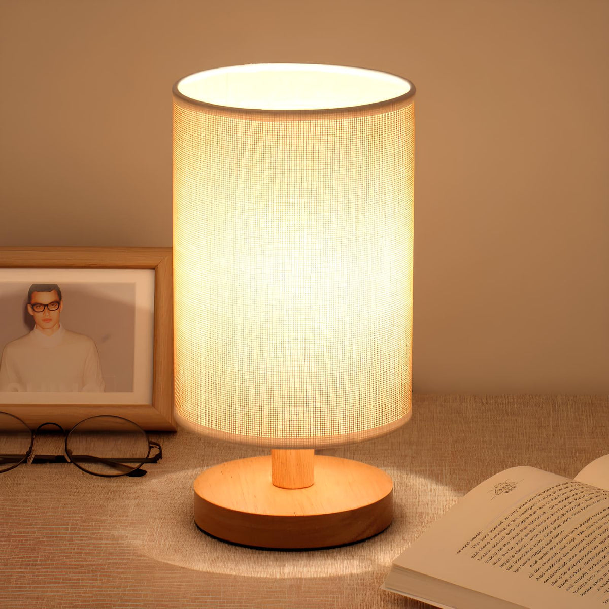 Bamboo & Linen Table Lamp, Dimmable LED Touch Bedside Lamp, 3 Color Temperatures, USB Powered Nightstand Desk Light, Scandinavian | Lonoma