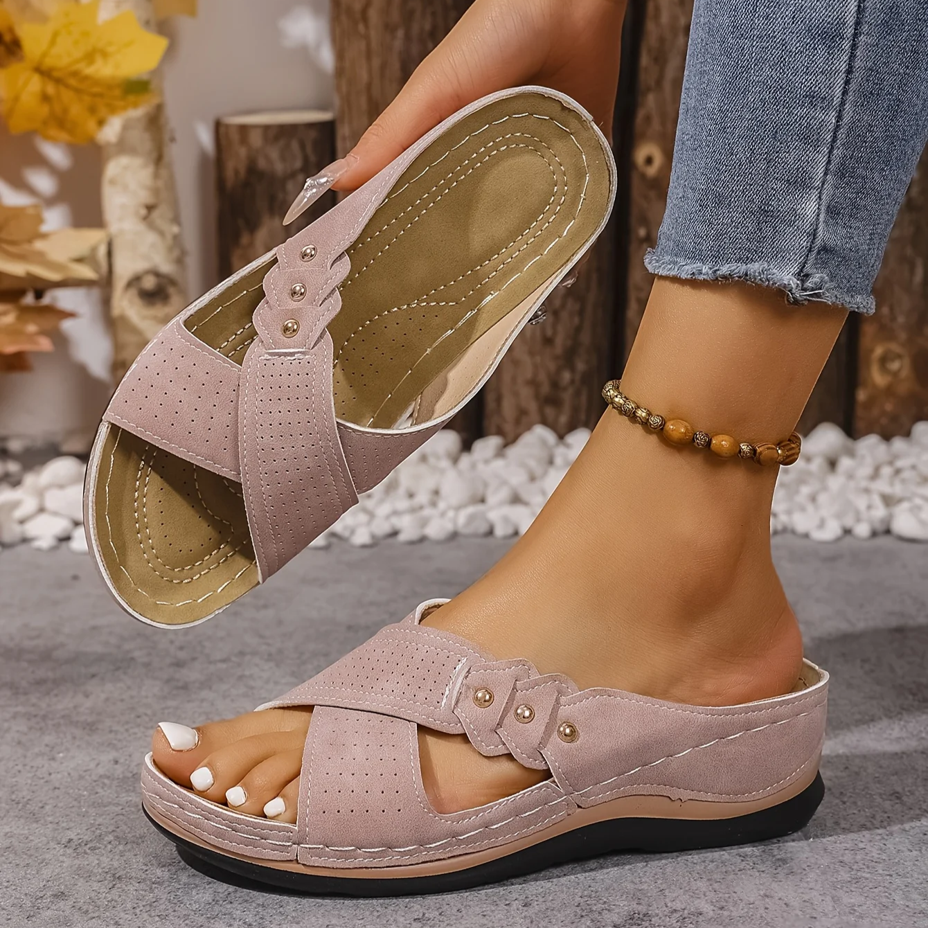Women's Supportive Wedge Sandals with Cushioned Footbed in Blue, Pink, Brown & Black | Koossa