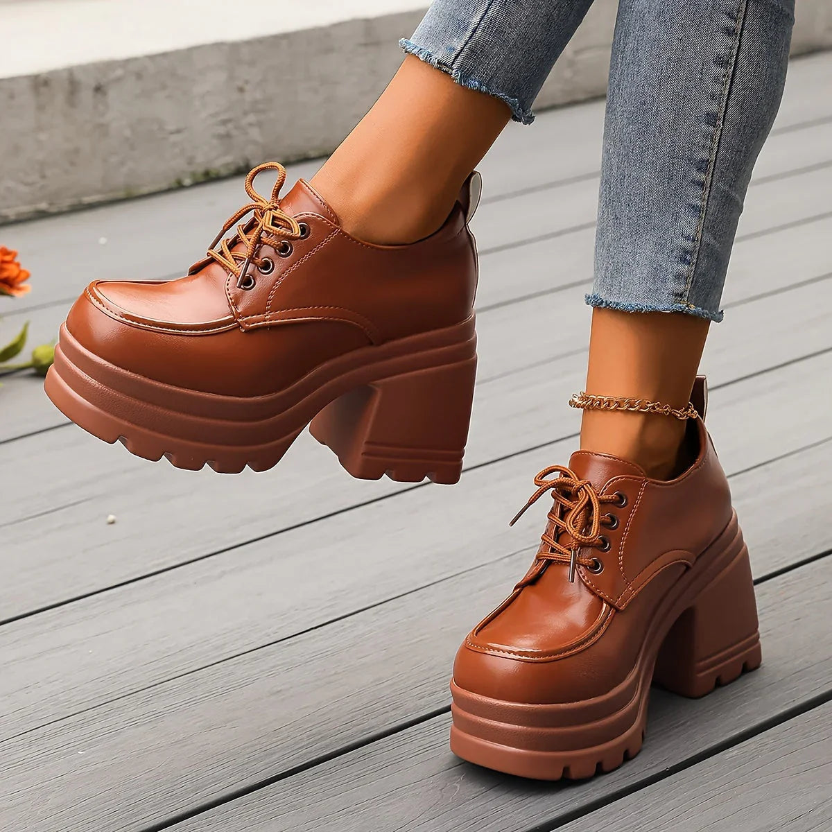 Women's Platform Block Heel Lace-Up Ankle Boots in Black and Brown – Retro-Inspired Statement Footwear for Elevated Everyday Style | Koossa