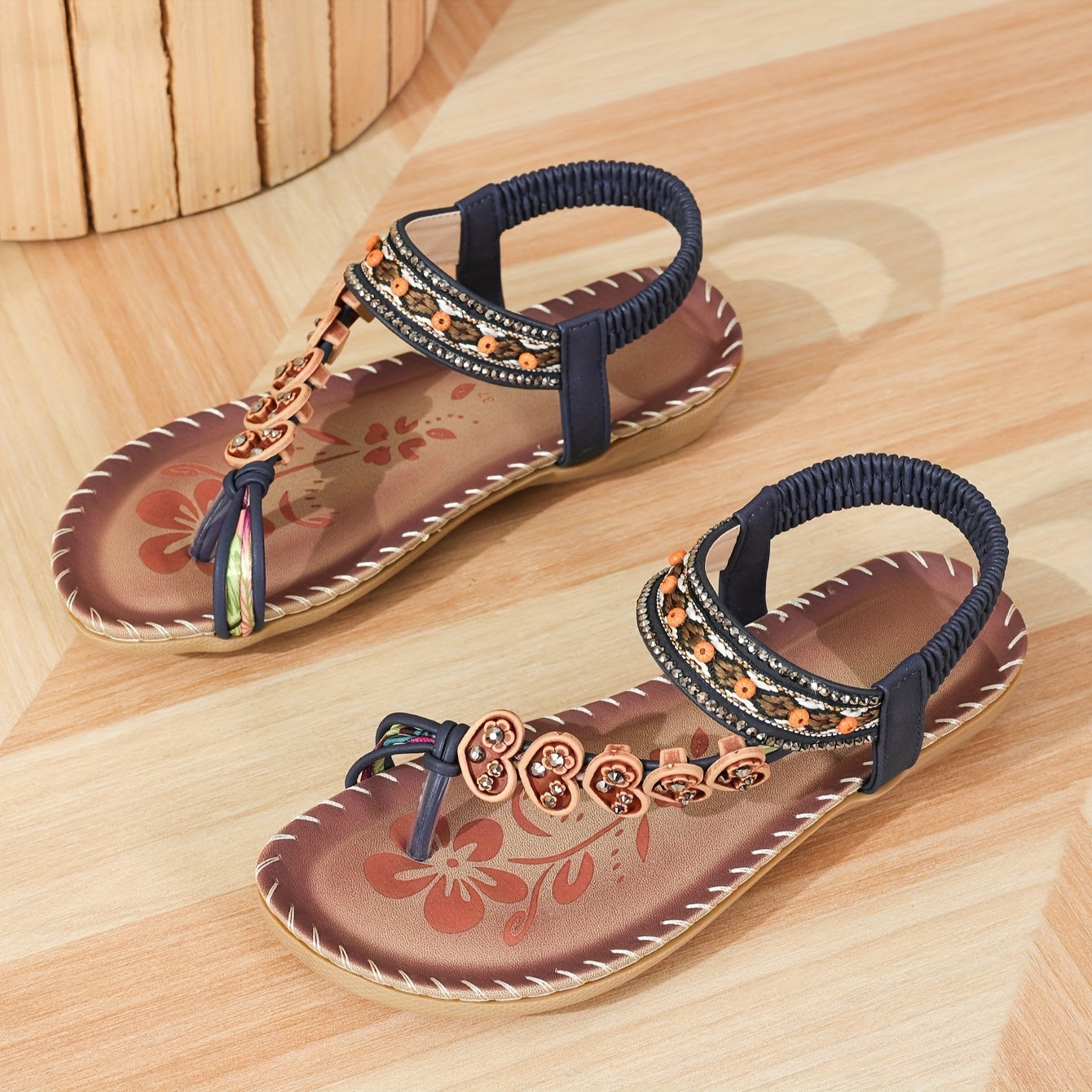 Women's Beaded Flat Sandals with Ankle Strap – Embellished Toe-Post Summer Footwear in Versatile Colours | Koossa