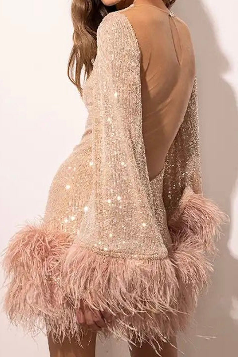 Sequin Mini Dress with Feather Hem and Open Back in Blush Peach and White Evening Wear Cocktail Party Occasion Dress | Koossa