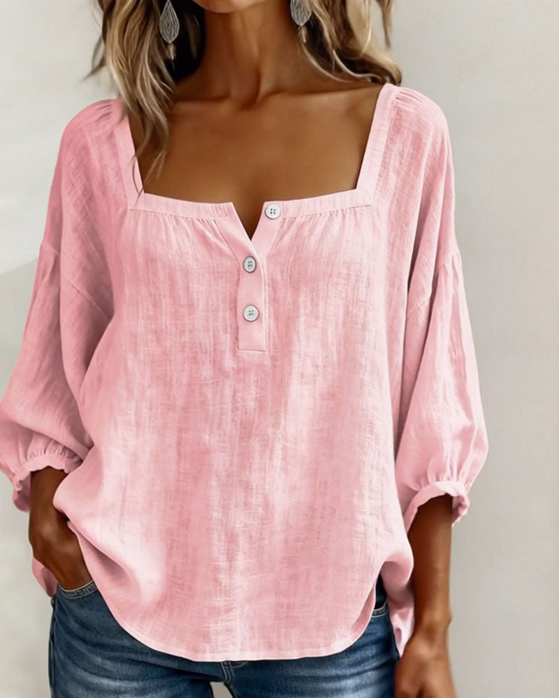Women's Square Neck Puff Sleeve Blouse in Cotton Blend – Classic Feminine Wardrobe Essential for Every Season | Koossa
