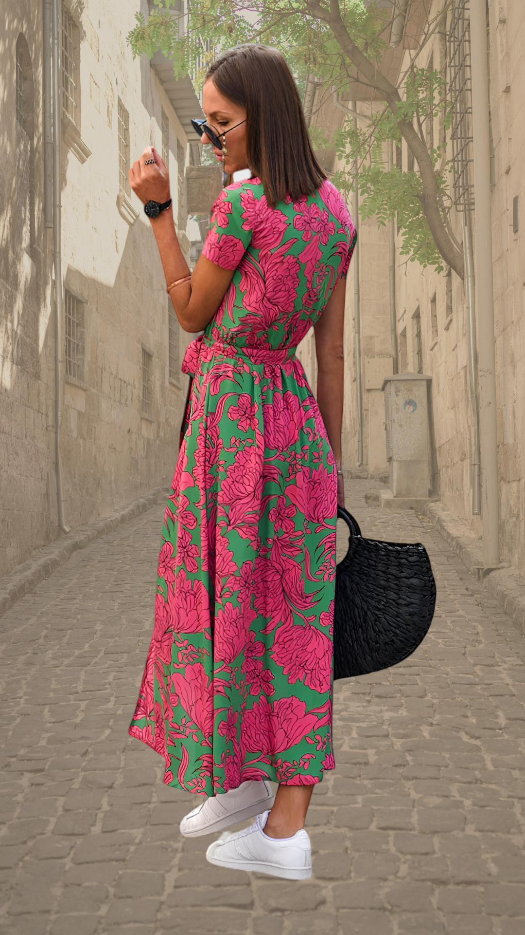 Women's Floral Wrap Maxi Dress in Pink and Green — Elegant Summer Dress for Garden Parties & Special Occasions | Koossa