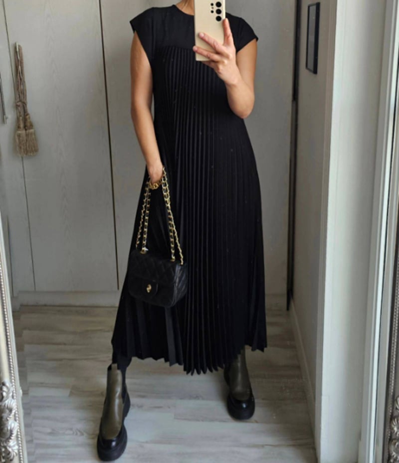 Women's Sleeveless Pleated Midi Dress in Soft Jersey Fabric for Daywear & Evenings | Koossa