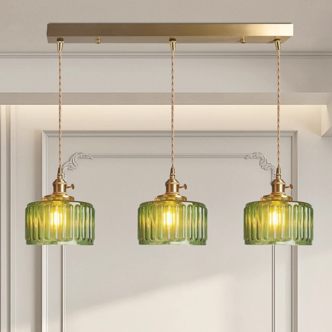 Adjustable Pendant Light with Ribbed Glass Shade, E27 Socket, Green Brass Finish for Kitchen Island, Dining Room & Breakfast Bar | Lonoma
