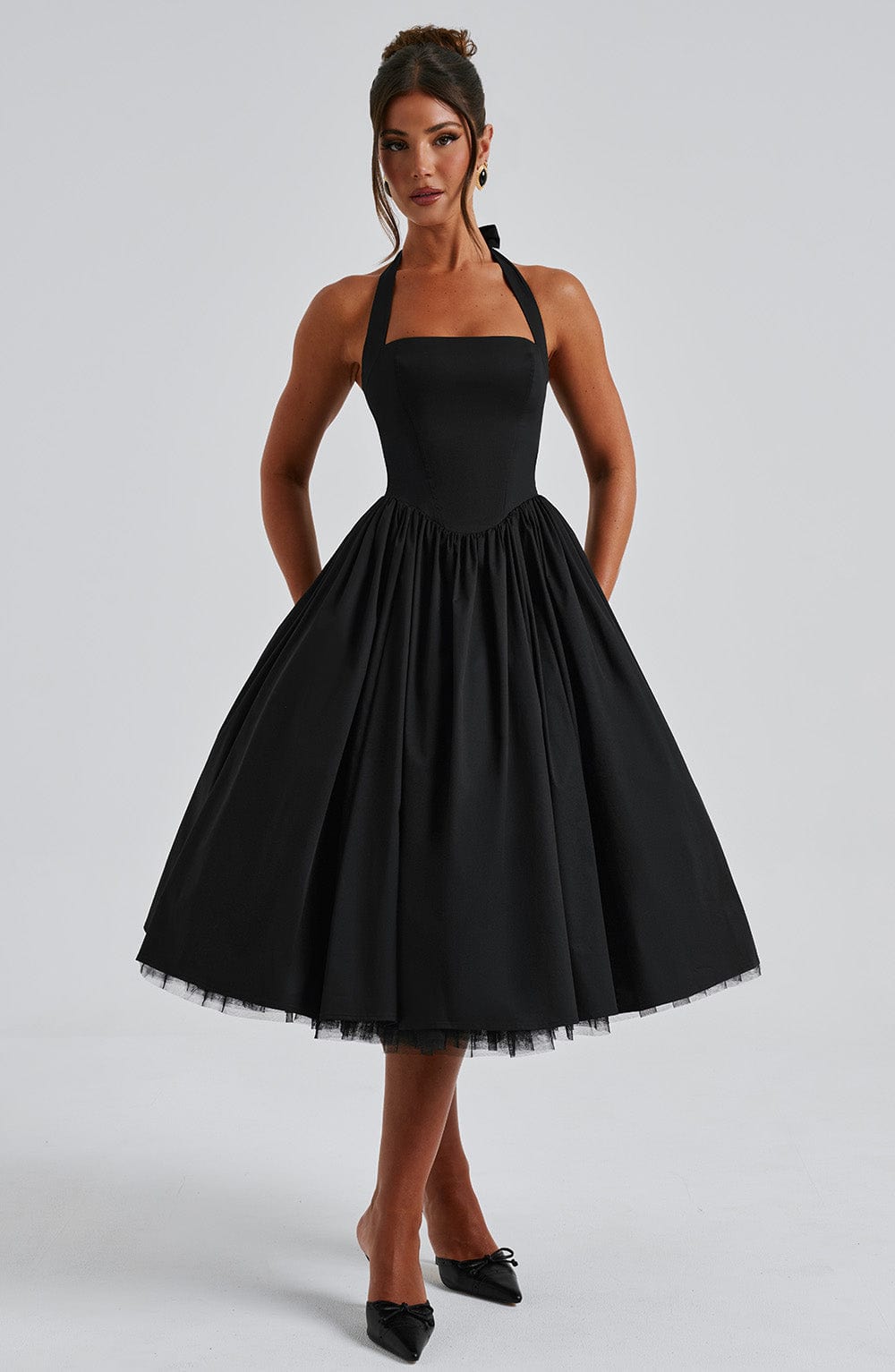 Women's Halter Neck Midi Dress in White and Black – Wedding Guest and Summer Garden Party Occasion Dress | Koossa