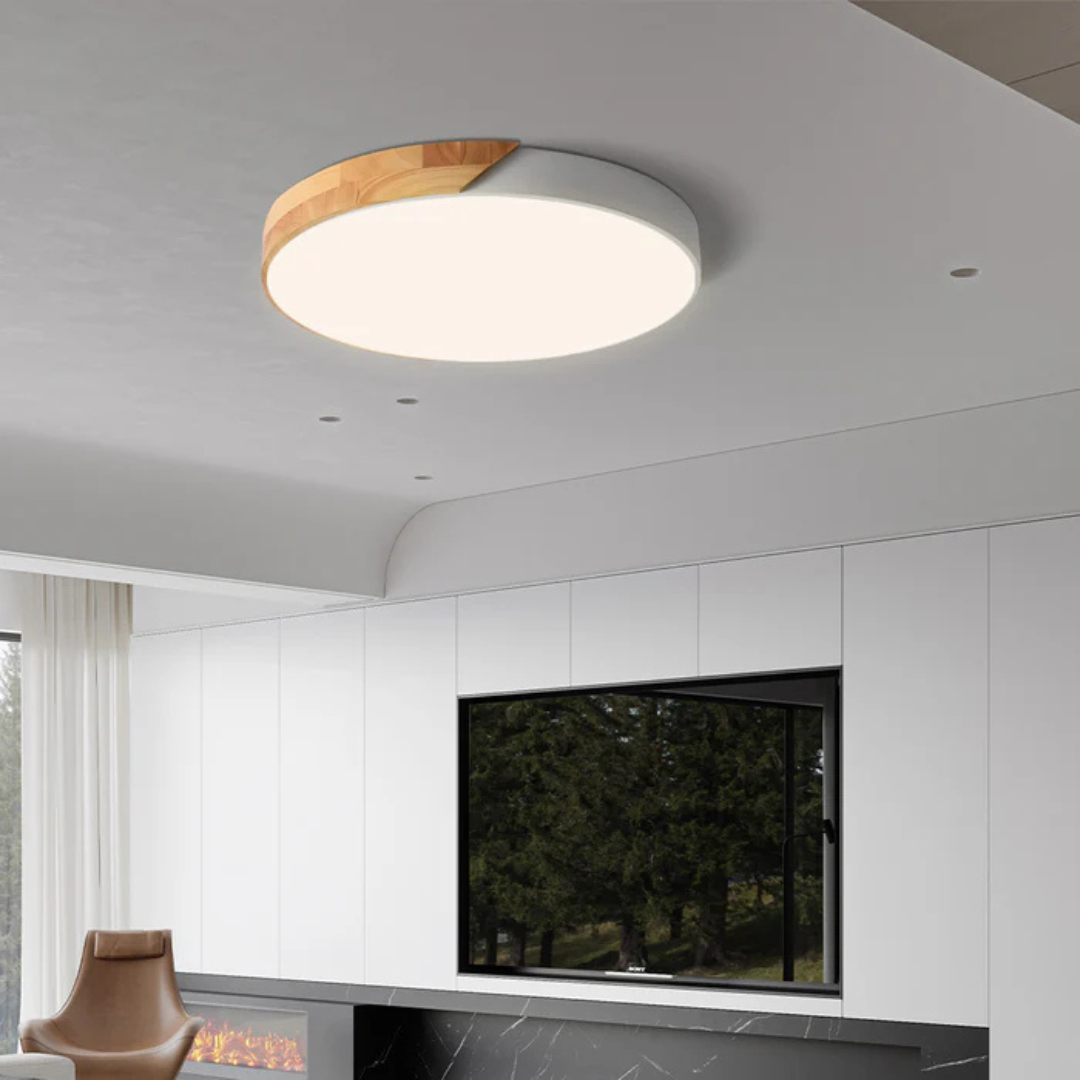 Plafonnier scandinave rond en bois naturel avec LED intégrée blanc chaud élégant pour séjour chambre couloir | Koossa